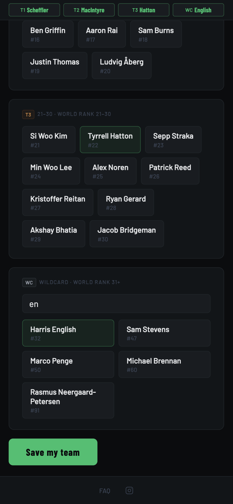 Team picker scrolled to the bottom with all four tiers filled and the wildcard tier filtered by a name search